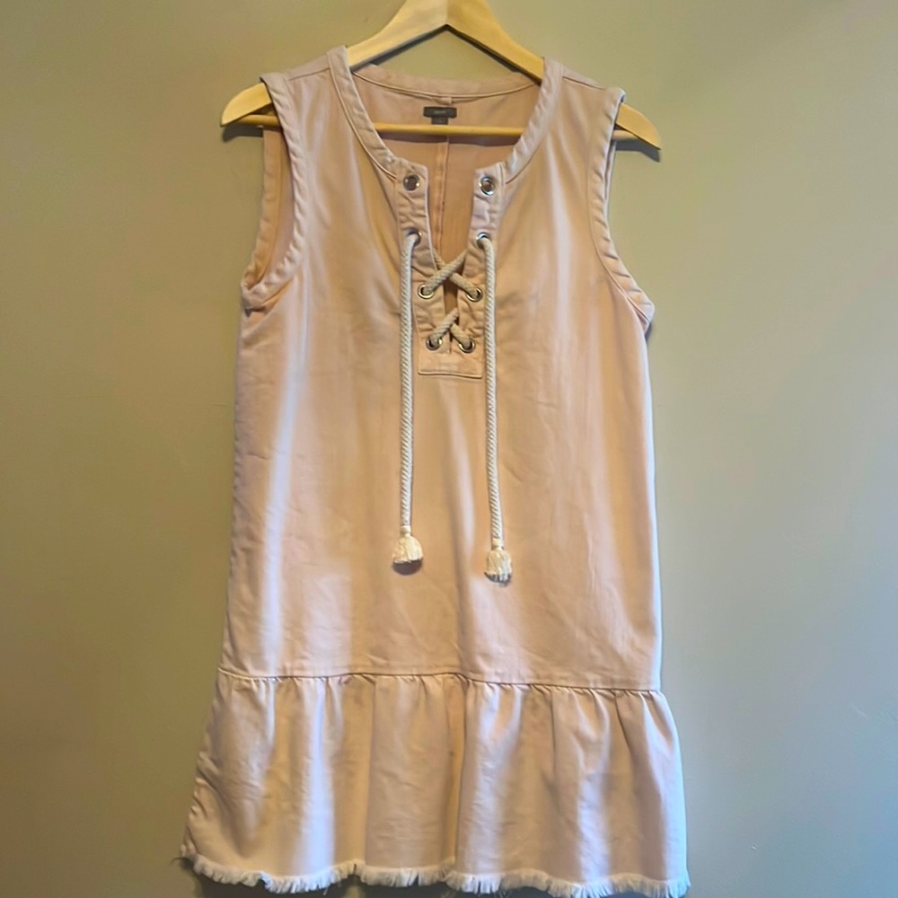 Aerie Denim Blush Jean Peplum Tie Fringe Hem Dress Sz S